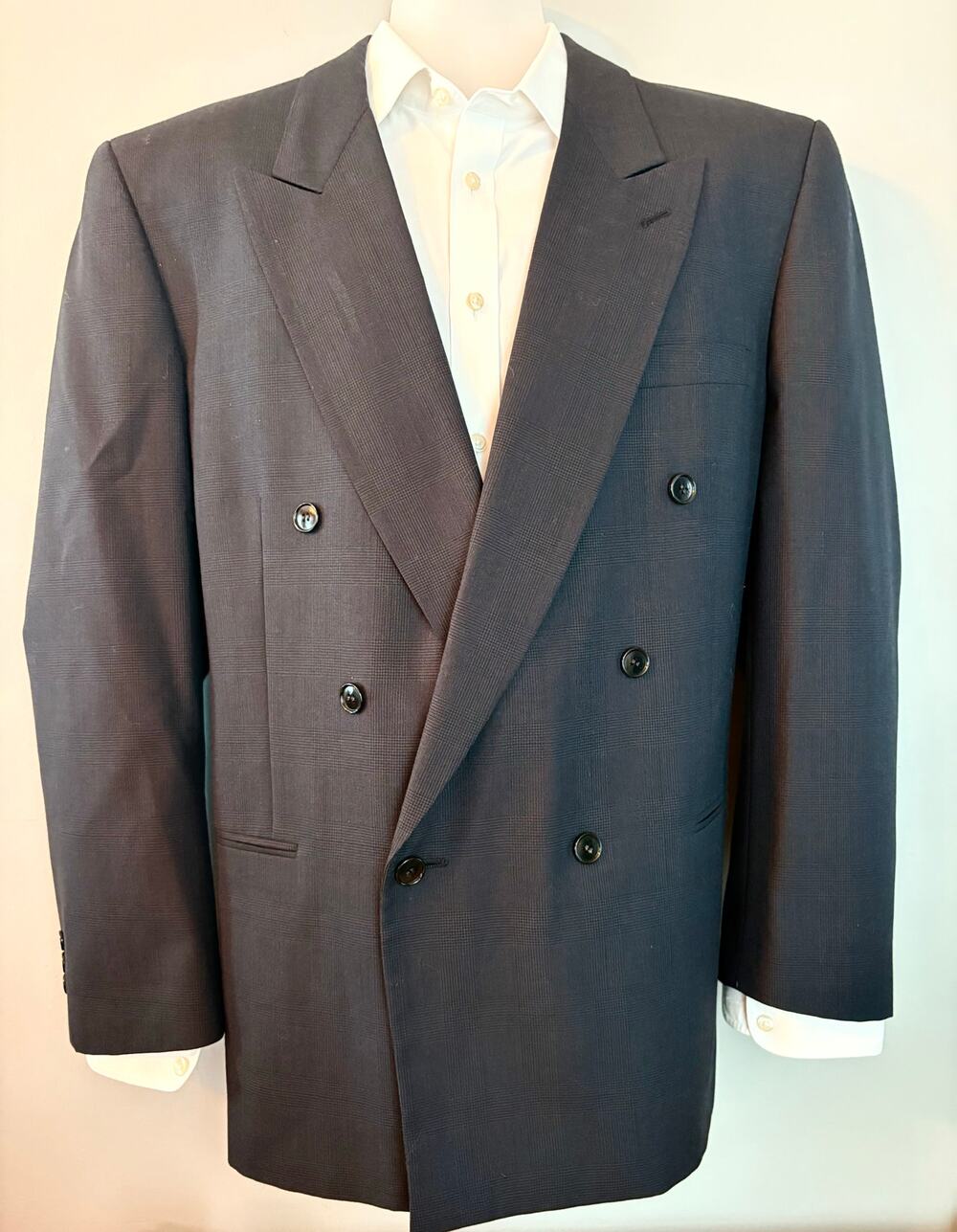 Jones New York Jacket Mens 46R Gray Double Breasted Wool Sport Coat Glen Plaid